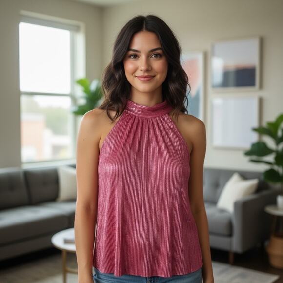 CeCe Metallic Pink Pleated Halter Top Size S –Shimmer Party Blouse with Back Bow - Picture 1 of 4